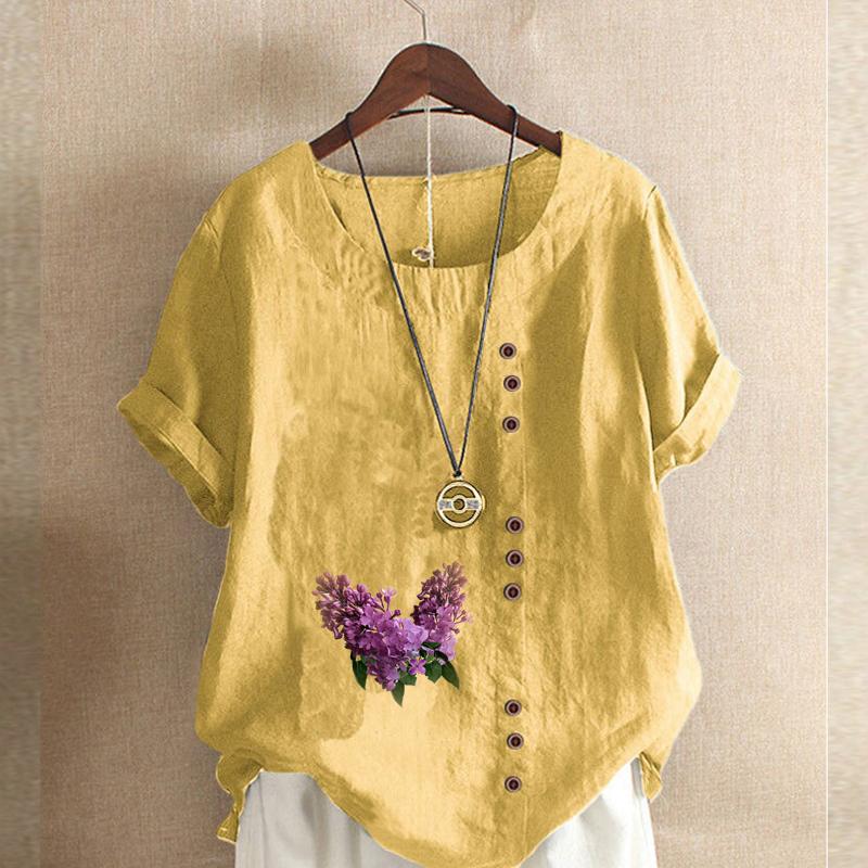 Women's Fashion Round Neck Short Sleeve T-shirt Casual Cotton Linen Graphic Shirt Leisure Loose Lavender Prined Summer Blouse Tops
