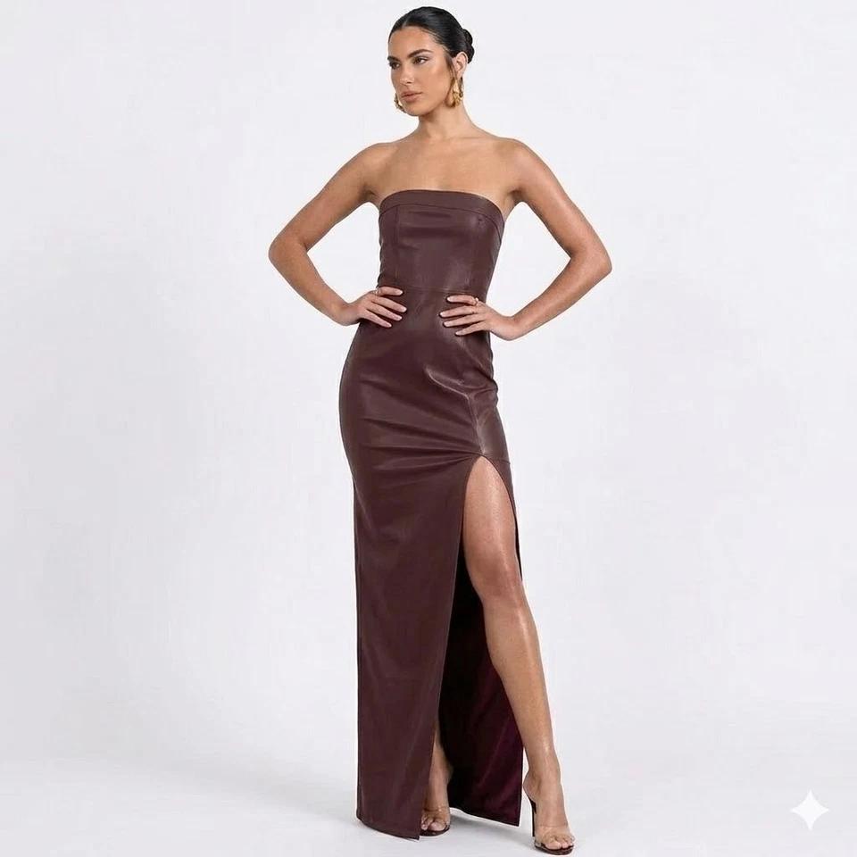 Stylish Women's Dress Elegant Fit Handmade Genuine Brown Real Lambskin Leather