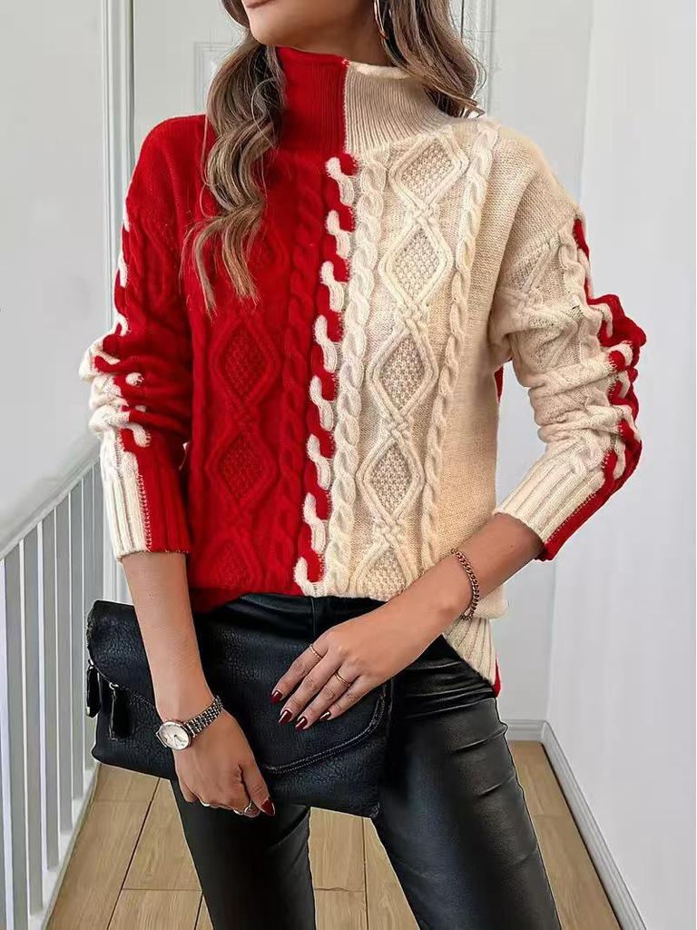 European & American Women's Color Block Patchwork High Neck Sweater