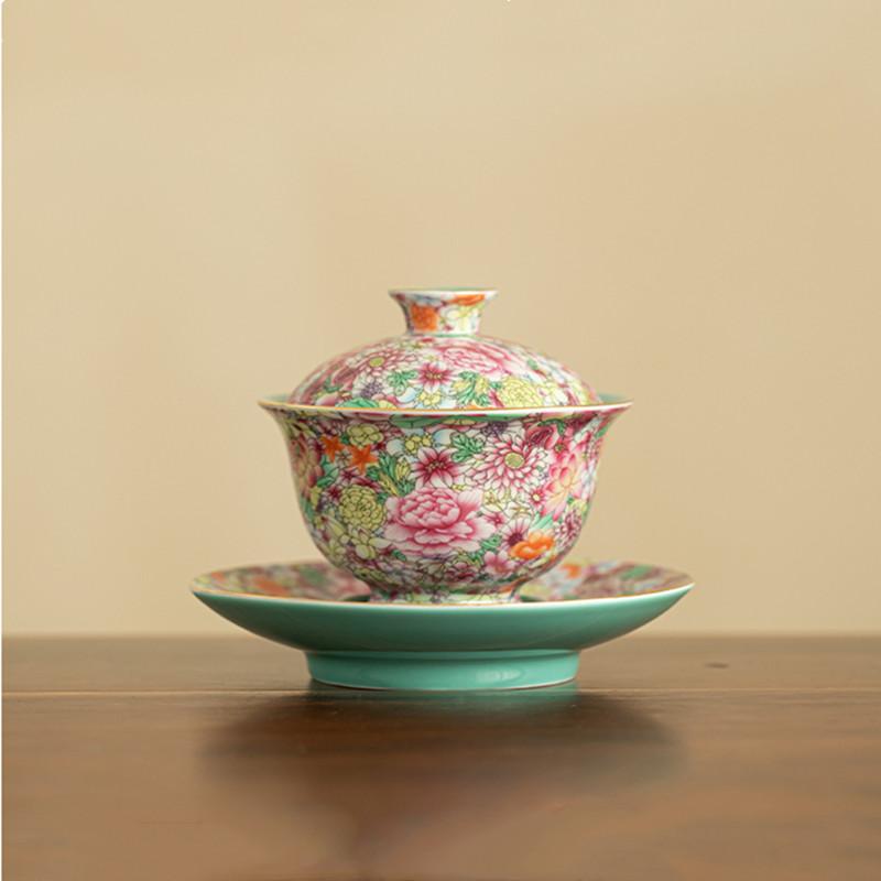 

Chinese Handmade Flowers Ceramic Gaiwan Tradition Enamel Color Tea Tureen Portable Tea Bowl Master Teacup Household Tea Set 12.7x9.9cm 140ml