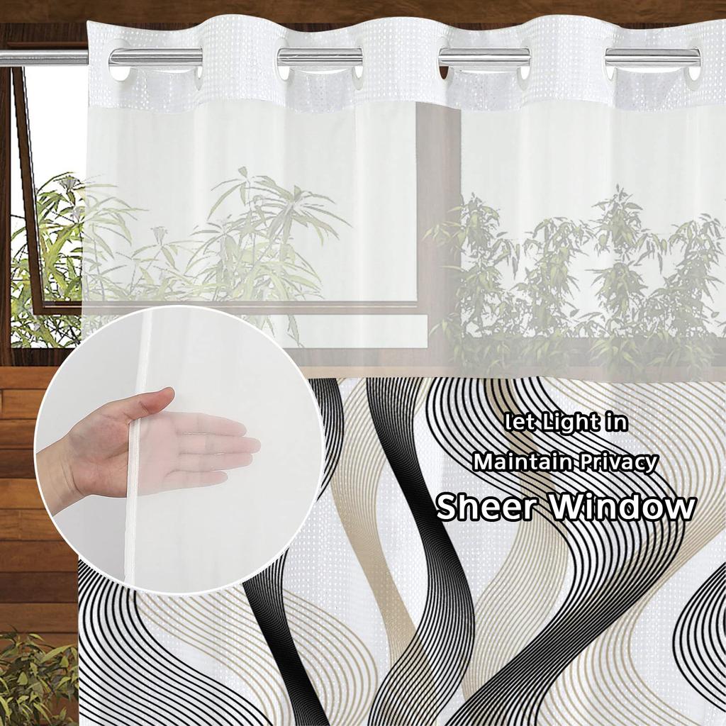 No Hook Geometric  pattern Shower Curtain With Snap-in Fabric Liner, Sheer Top Window, Waterproof Double Layer Bathtub curtain