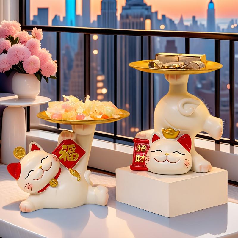 Vassoio portaoggetti in resina a forma di gatto Gatto portafortuna con vassoio Statue di gatto Sculture Decorazione Portachiavi Statuetta moderna per mobile TV Decorazione per la casa