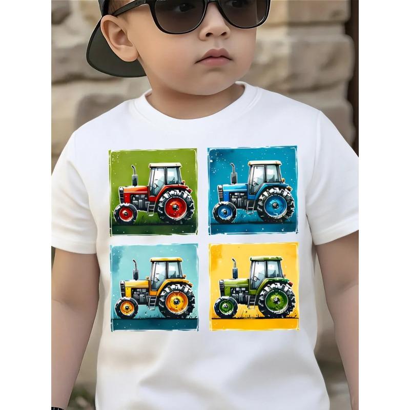 European sizes Colorful Tractor Tiles Art Little Boys T-Shirt Soft And Comfortable Everyday Top, Comfortable And Breathable