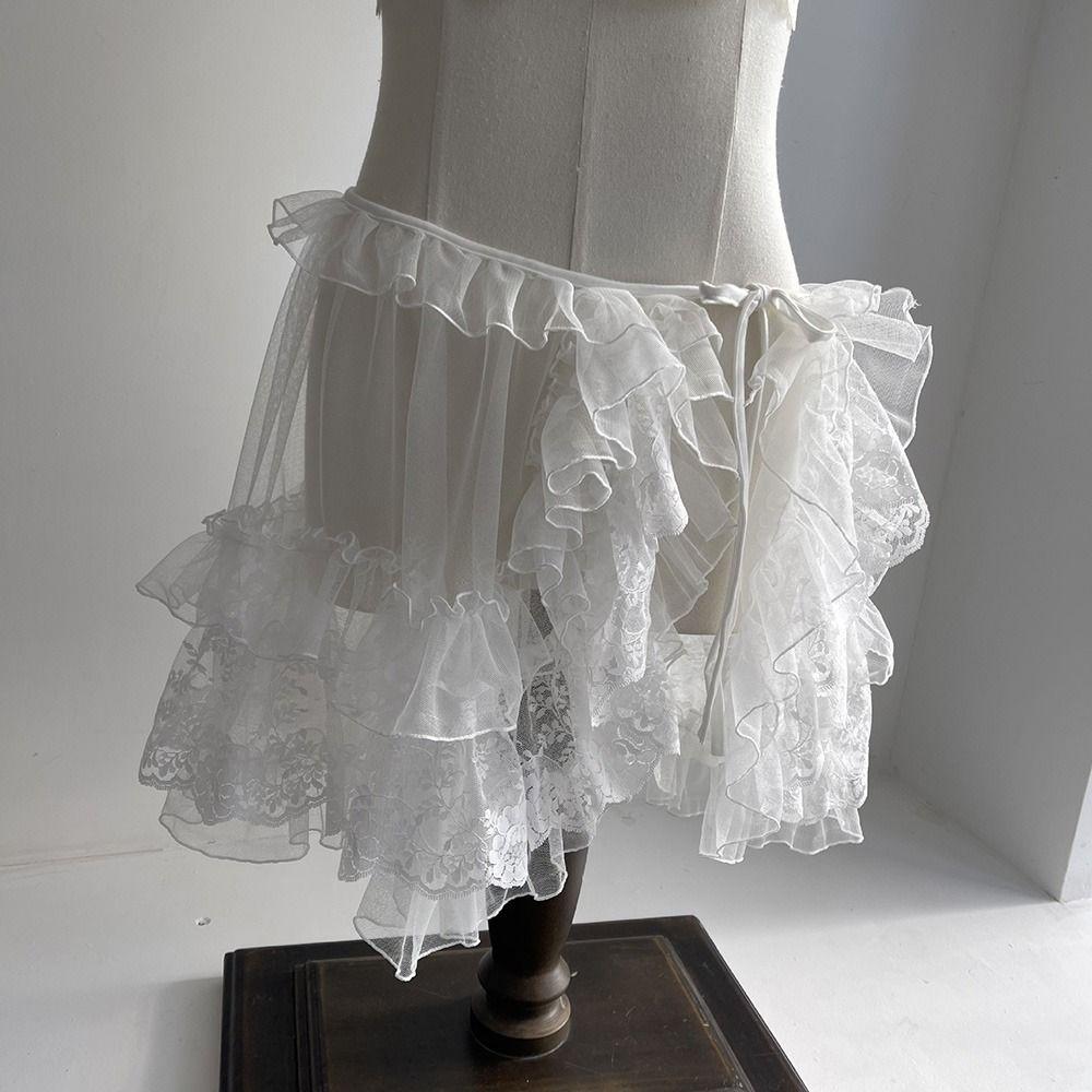White Black Lolita Short Shawl Lace Mesh Lolita Skirt Versatile French Style Smock  Women