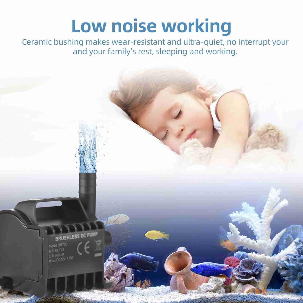 Submersible 12V Water Pump Electric 360L H Small Fountain Pump with Max 9.2ft Lift, 6.5ft DC Female Plug and Suction