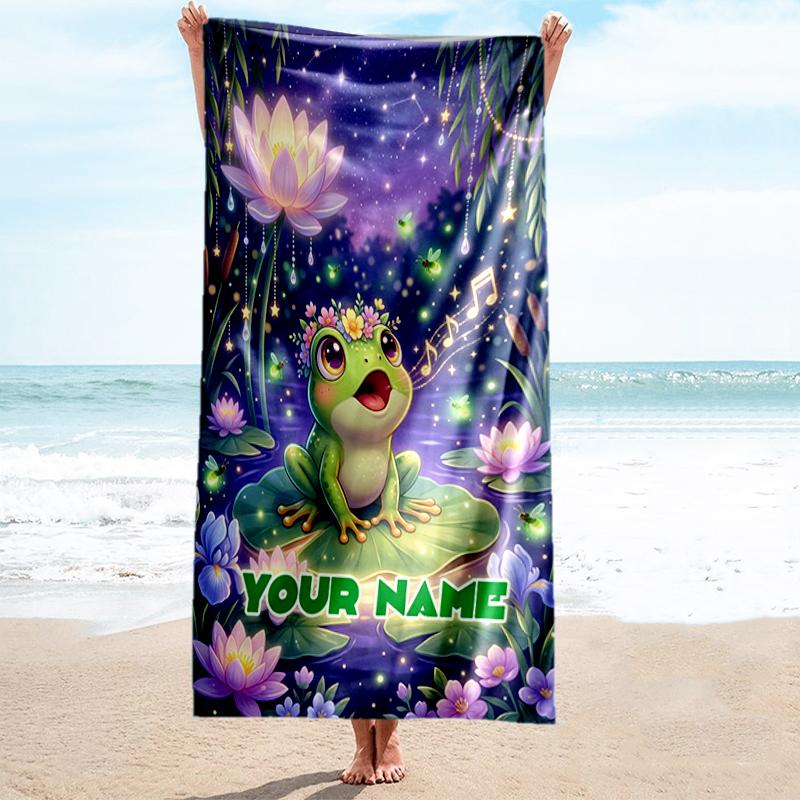 1PC Custom Name Frog Garden Beach Towel Highly Absorbent And Sand-Resistant Towel for Swimming, Pool, Yoga, And Travel Lightweight