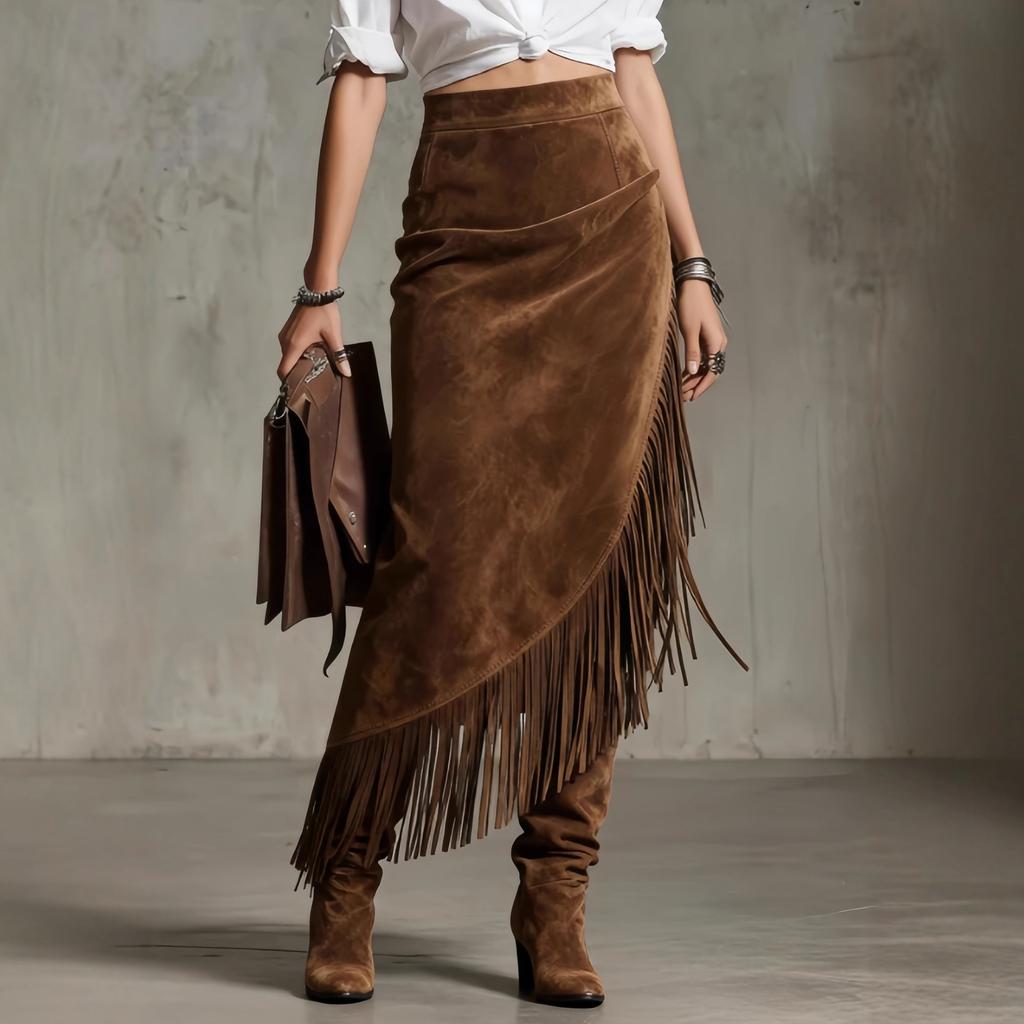 Fashion Ladies Vintage Tassel Hem Irregular Suede Skirt Skirt