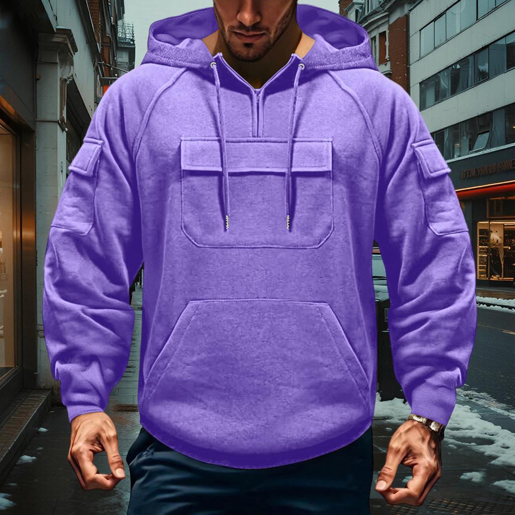 Men's Cargo Hoodie | Drawstring Multi-Pocket, Solid Color For Outdoor & Casual Wear