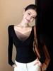 Korean Black Mesh V-Neck Long-Sleeve Women's Base Layer Top, Tight-Fit, Autumn/Winter