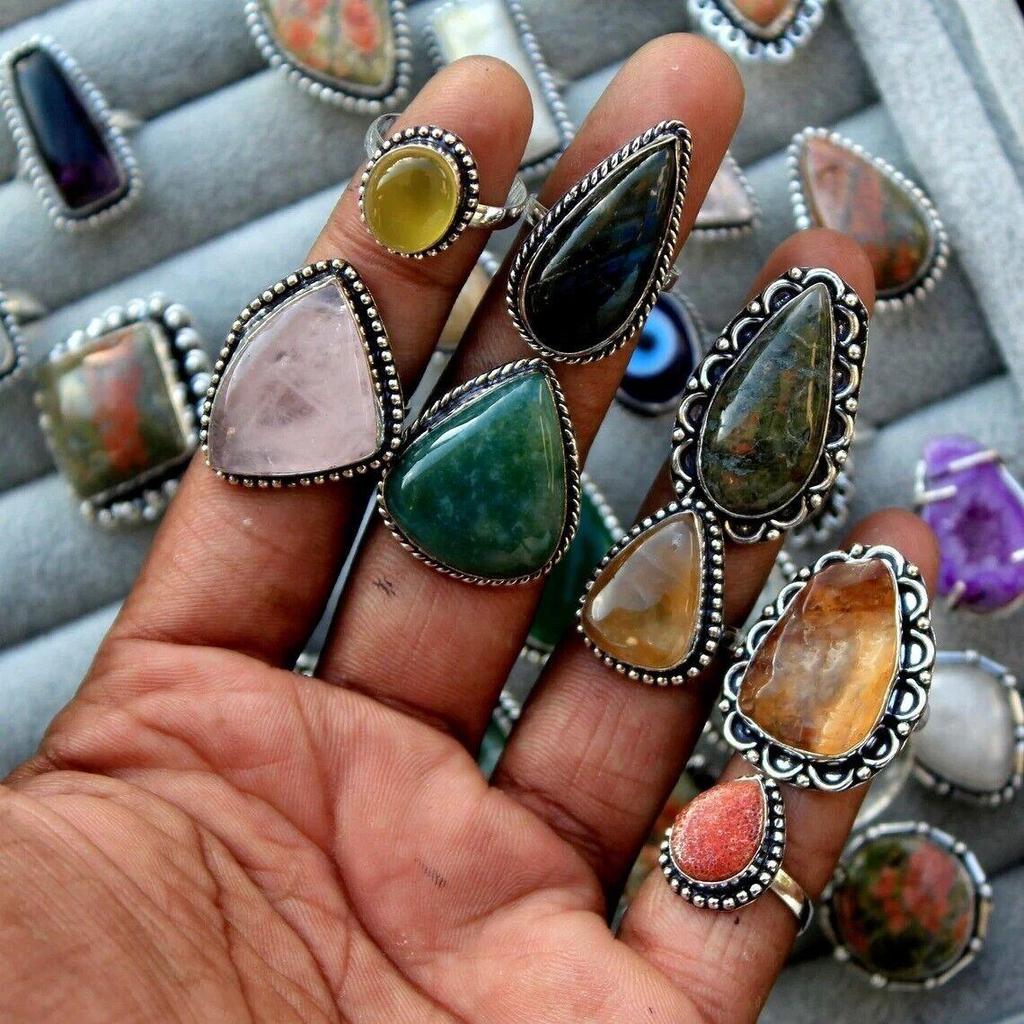 Unakit Jasper & Mix Gemstone 925 Sterling Silver Plated 5 sztuk Pierścionek Biżuteria