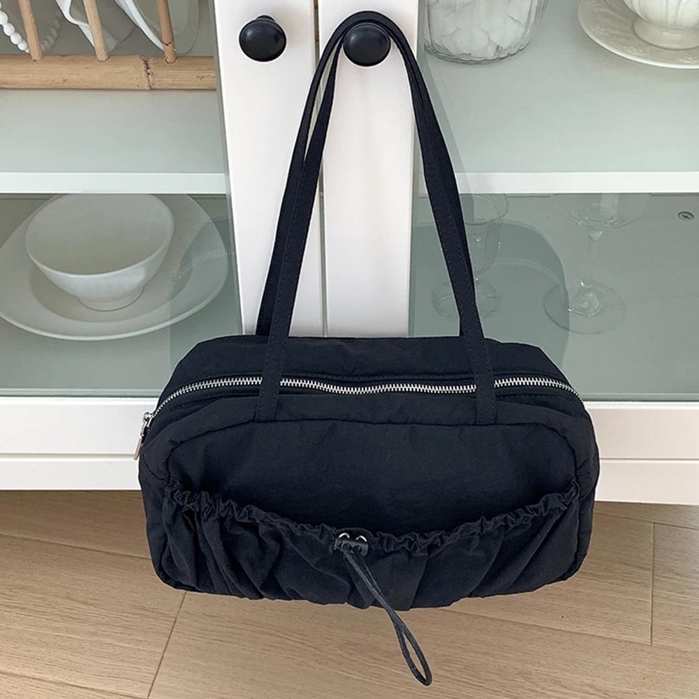 Women Pleated Shoulder Bag Multipurpose Drawstring Armpit Bag Casual Large Capacity Lightweight Slouchy Travel Bag