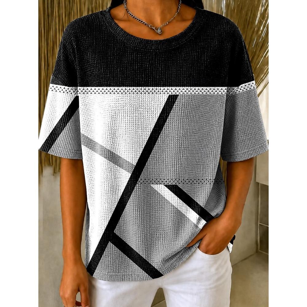 Women's T-shirt Tops Graphic Geometric Striped Stylish Classic Short Sleeve Crew Neck Round Tops Casual Summer Spring