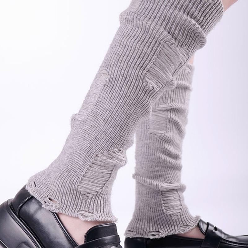 Japanese Punk Leg Warmers Women Solid Color Ribbed Knit Long Socks Y2K Distressed Ripped Boot Cuffs Leg Cover Streetwear