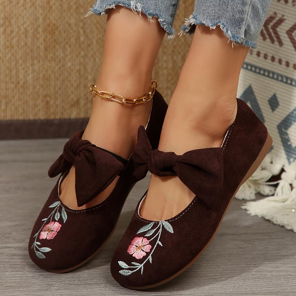 New Embroidered Bow Flat Mary Jane Shoes for Women Cross-border Ethnic Style Slip-Ons
