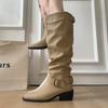 Autumn Winter Pointed Toe Pleated Women Knee High Boots Square Heels Long Booties  De Mujer
