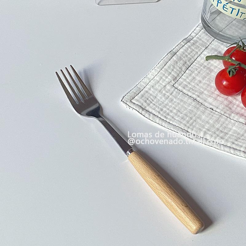 Simple INS wooden handle chopsticks knife fork spoon tableware set stainless steel Japanese style student portable love