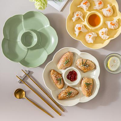 Ceramic Dividing Dumpling Plates New Household 8.5 Inch Flower Shape Kitchen Tableware with Sauce Dish Underglazed Colour Plate