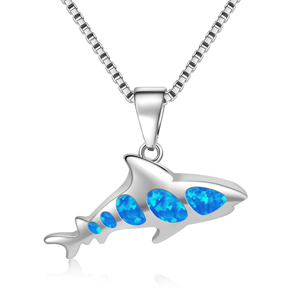 European & American Fashion Trendy Silver Plated Copper Shark Pendant Necklace Blue Opal Ocean-Inspired Sweater Chain for Women