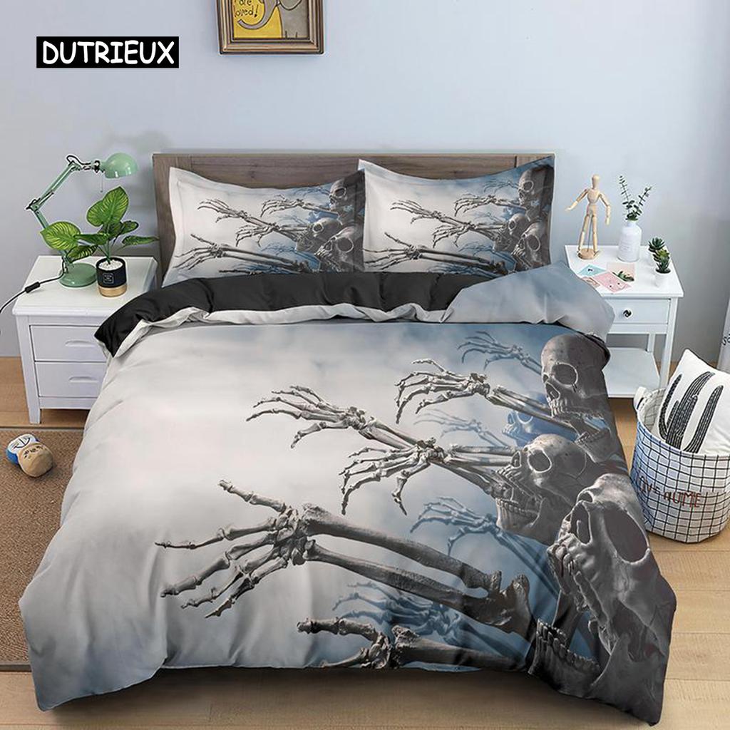 Skeleton Duvet Cover Set Microfiber Bedding Set Twin Size Halloween Funny Skeleton Skulls Bones Comforter Cover for Kids Teens