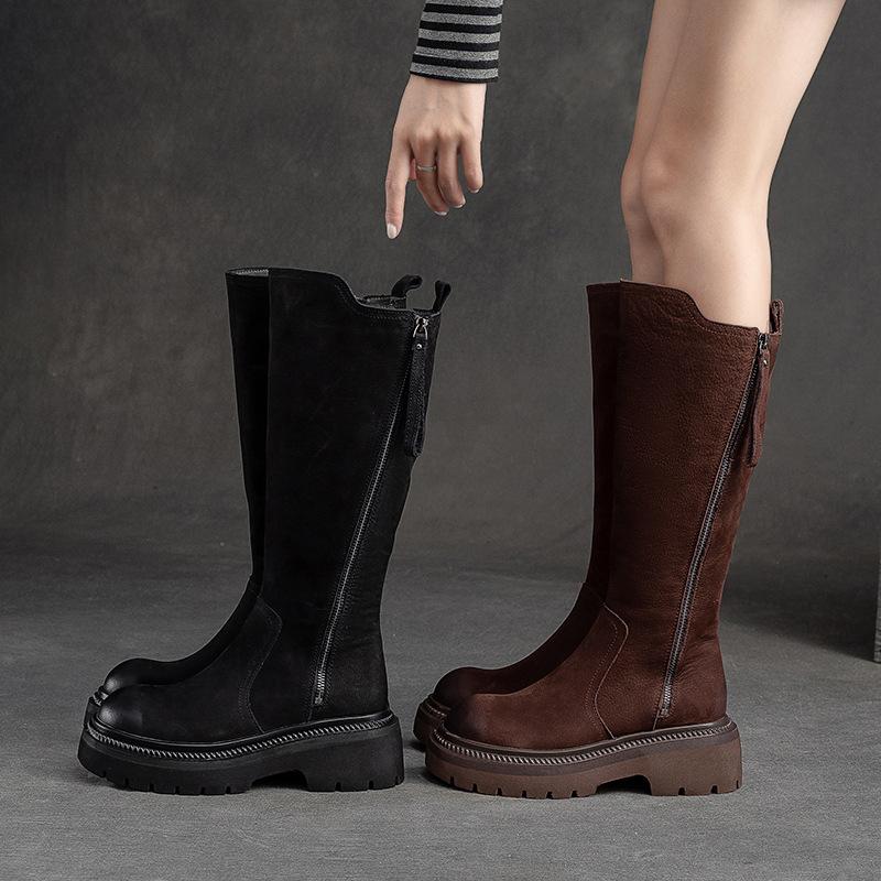 Fashion GKTINOO Retro Long Boots 2025 Winter New Genuine Leather Fashion Side Zipper Knight Boots Thick Soled Booties Women's Shoes