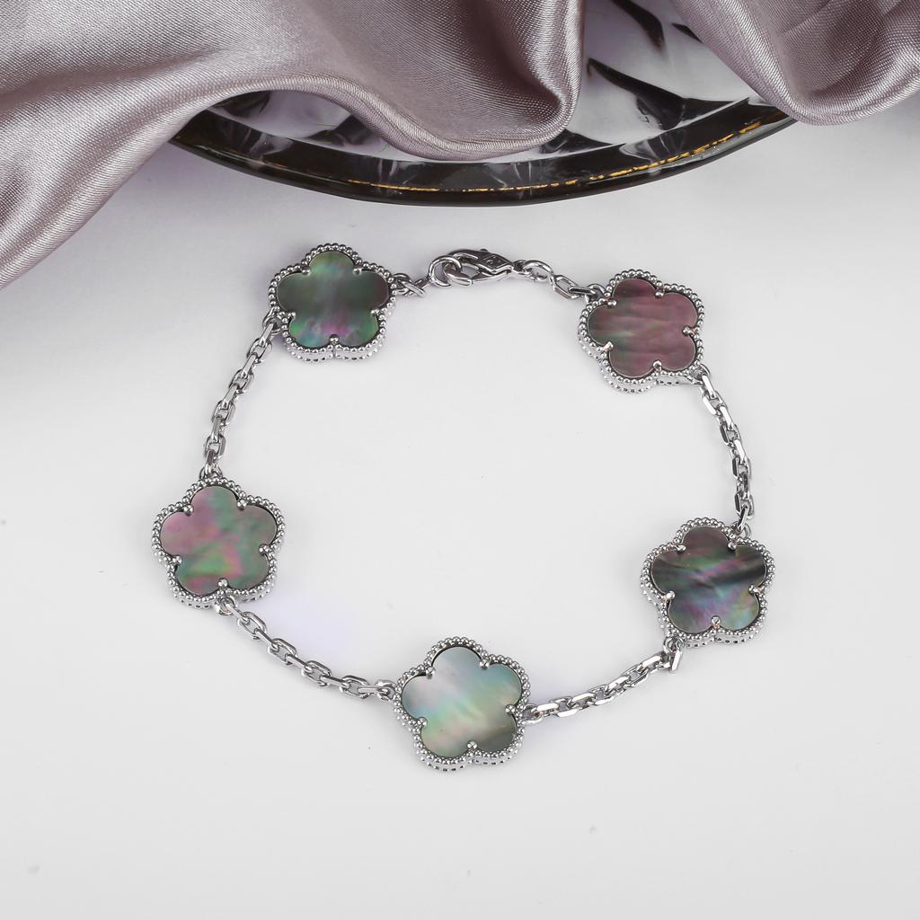 Hot Sale Premium 15mm Natural Stone White Shell Five Leaf Flower Bracelet Gold Silver Lucky bangle For Women Girls Party Daily