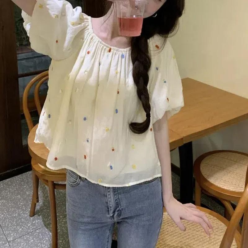 

Милые вышитые женские 2024 лето новые сшитые пуловеры с круглым вырезом, складками, модные, свободные, повседневные, с рукавами-пузырями, блузки, рубашки S абрикосовый