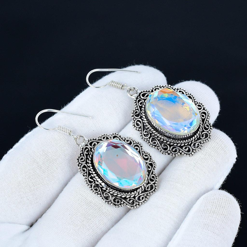 Mystic Topaz Gemstone Earrings, 925 Sterling Silver Earrings, Silver Earrings For Gift, Mystic Topaz Dangle Drop Earrings For Anniversary Gifts