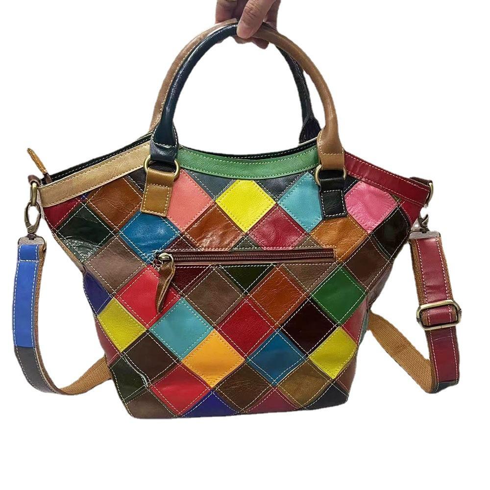 Borsa da Donna in Pelle Retro Wind Pelle Colorata Rombi Giuntati Borsa a Mano in Pelle di Mucca Borsa a Tracolla Borsa
