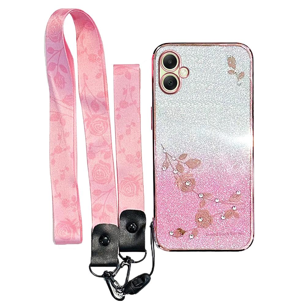 

KADEM For Samsung Galaxy A06 4G Case Flower Pattern TPU Gradient Phone Cover with Lanyards Rose Gold
