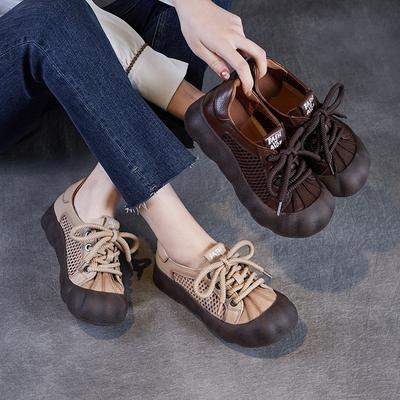 Retro Damen Flats Echtleder Bequem Durchbrochenes Netz Atmungsaktiv Schnürsandalen