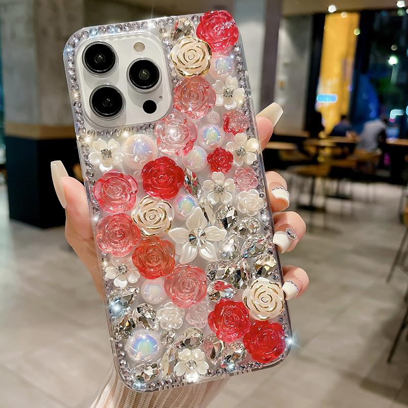 For iPhone 12/12 Pro Case Rose Flowers Pearls Rhinestones Decor PC+TPU Phone Cover
