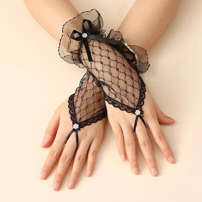 Lace Short Gloves for Women Bridal Wedding Lolita Style Mesh Hand Sleeves with Handmade Ribbon Bow And Hook Finger Glued