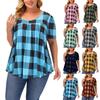Summer Women's Short Sleeve Blouse Round Neck Loose Plaid Printed Shirt Top