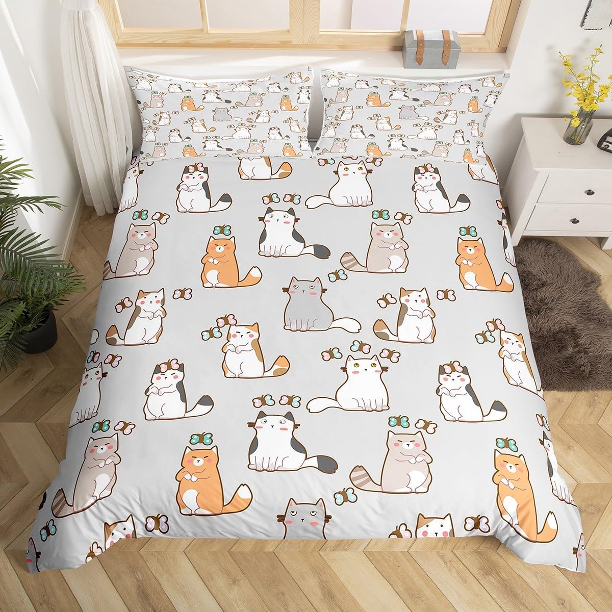 

Kawai Cat Soft Duvet Cover Single Quen for Young Boys Young Girls Lovely Kiten Pet Beding Set,Microfiber Blue Warm Comforter Cover featuring 2 135*200cm Eu-Single