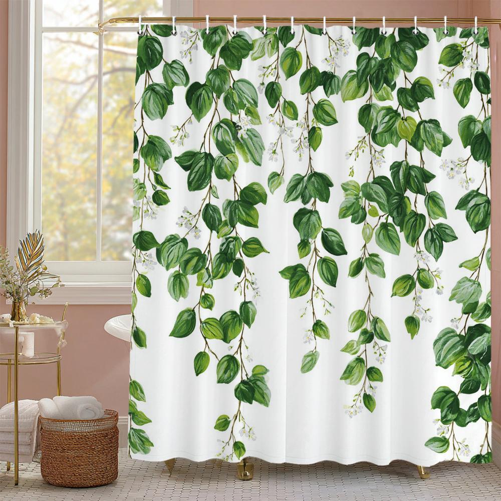 Green leaf plant Shower Curtain, Bathroom Decorative Shower Curtain, Waterproof Shower Curtain with Hooks