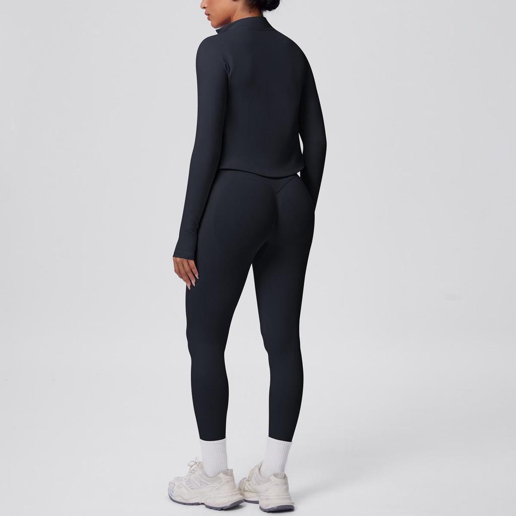 Women's Stand Collar Knit Zipper Jacket, Sports Bra & Yoga Pants Set