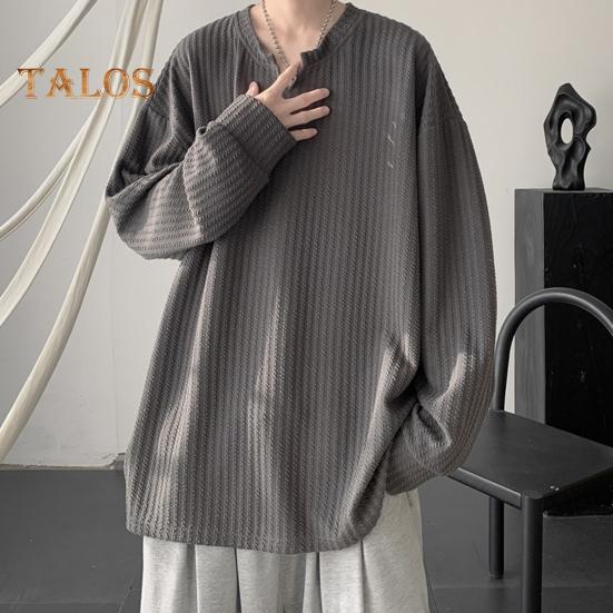 Spring Autumn Men Top V Neck Long Sleeves Oversized Solid Color Loose Mid Length Striped Texture Pullover Hip Hop Streetwear Sweatshirt