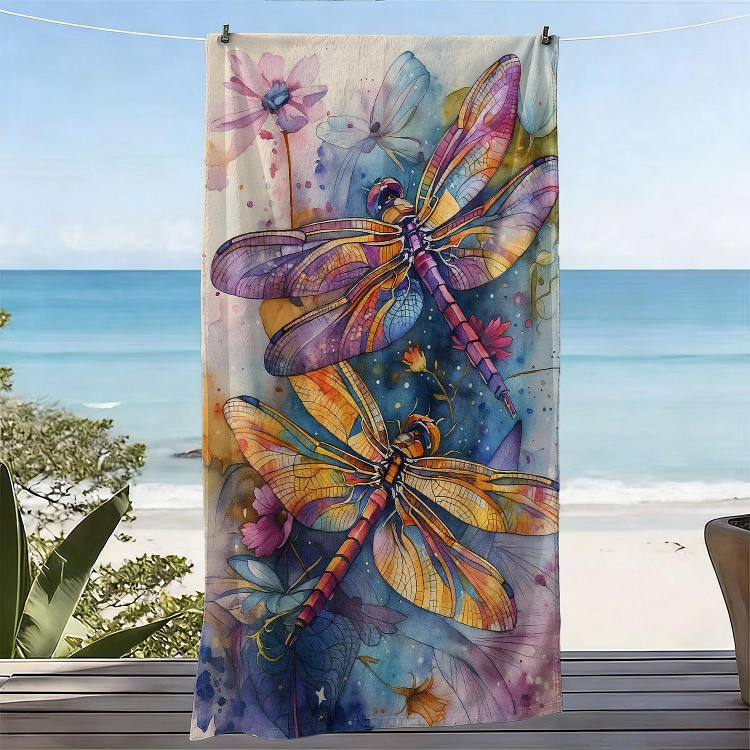 

Watercolor Dragonfly Floral Print Beach Towel Quick Dry Microfiber Sand Free Absorbent Washable for Summer Pool Travel Vacation W40*H60(CM)