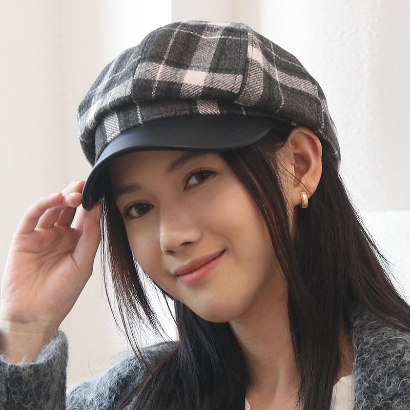 Beret Women's Autumn and Winter New Octagonal Hat Retro Plaid Painter Hat Showing Face Small Newsboy Hat