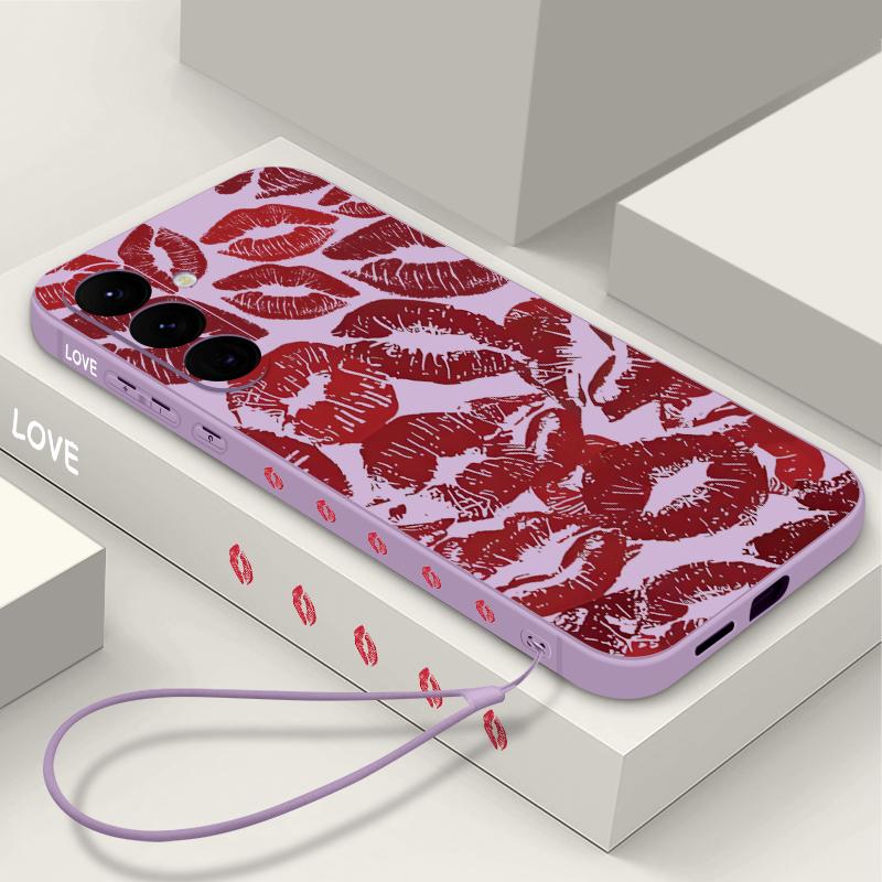 Red Lips Lanyard Phone Case For Samsung Galaxy A55 A53 A54 A35 A15 A16 A25 A36 5G S25 S23 S24 Ultra S22 Plus S24 FE Soft Cover