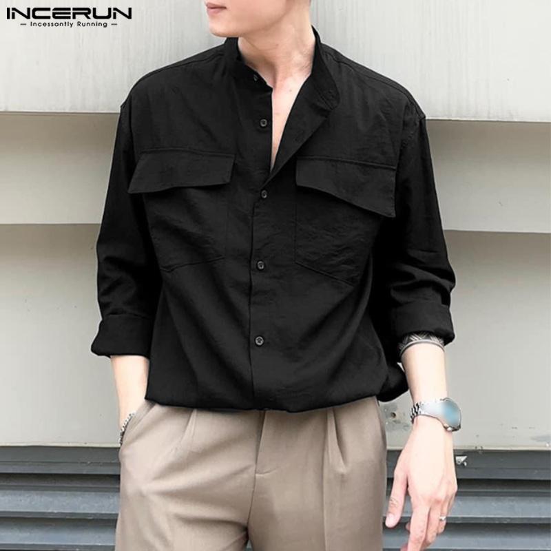 

INCERUN Мужские однотонные весенние рубашки на пуговицах с длинным рукавом