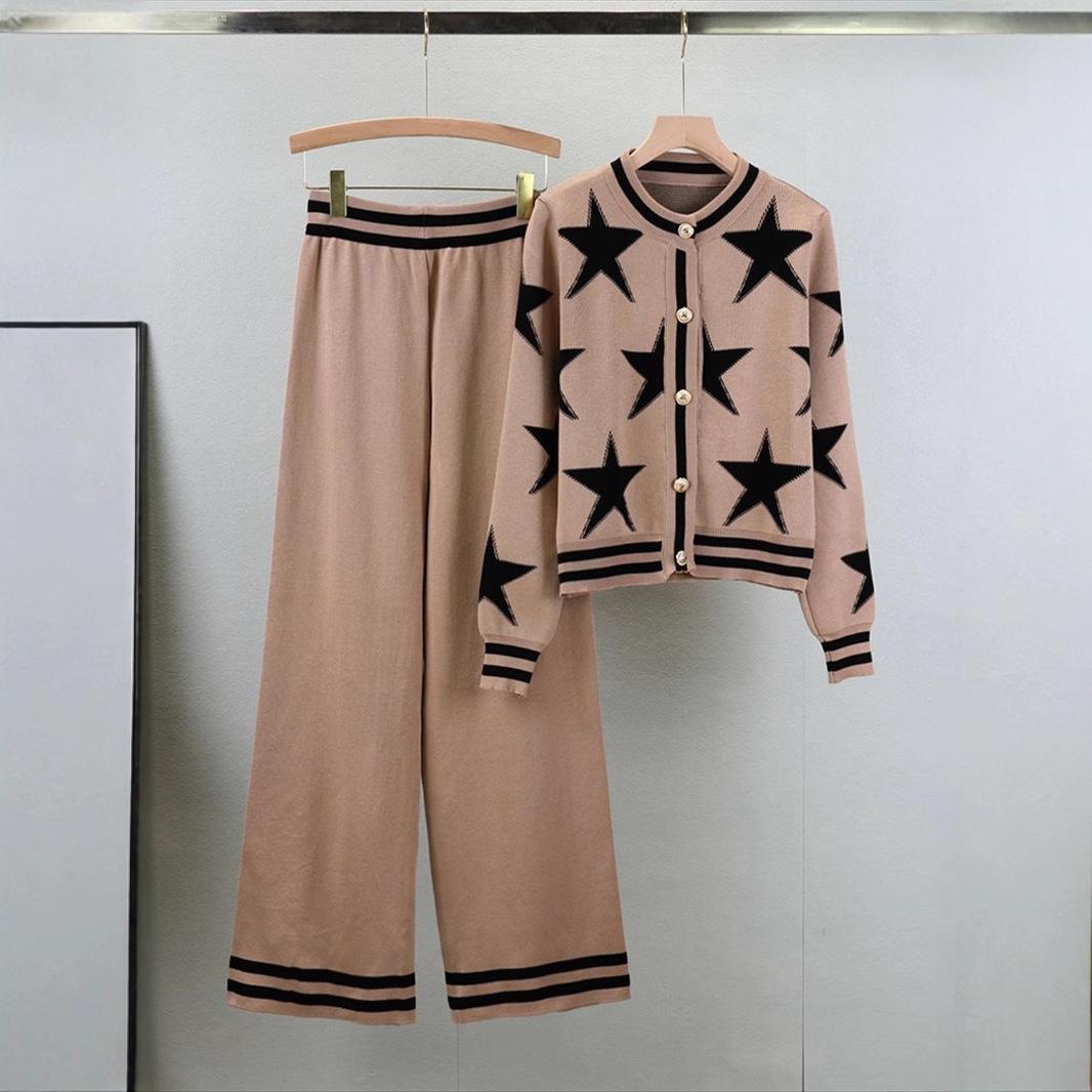 

Women s Spring Jacquard Knit Cardigan & Wide-Leg Pants Set One Size хакі