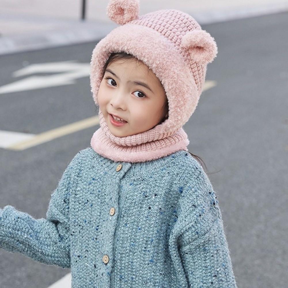 Fluffy Bear Ear Knitted Hat Solid Color Scarf Cap Fashion Baby Hooded Hat Toddler