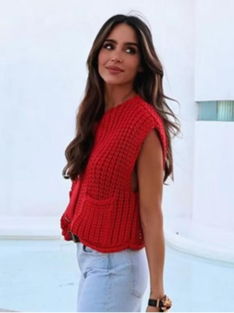 Elegantní jednobarevná háčkovaná vlněná vesta pro ženy Šik jednořadé zapínání s kulatým výstřihem kapsy Pletená vesta 2024 Podzim Dámská High Streetwear