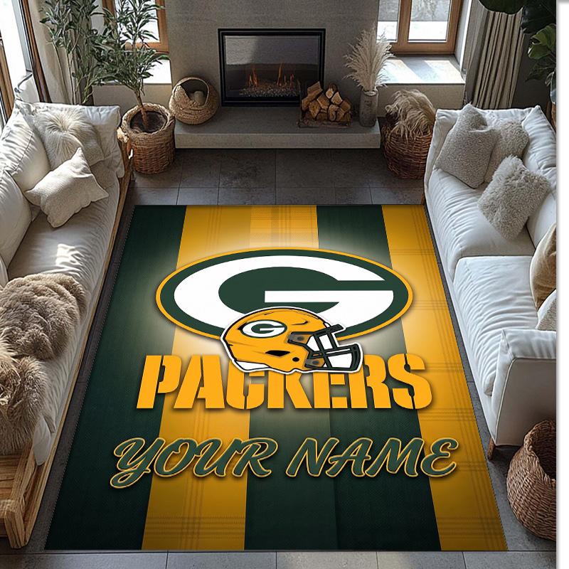 Green Bay Packers Crystal Velvet Rug, Custom Name Text Personalized Non‑Slip Floor Mat for Home Decor Gift