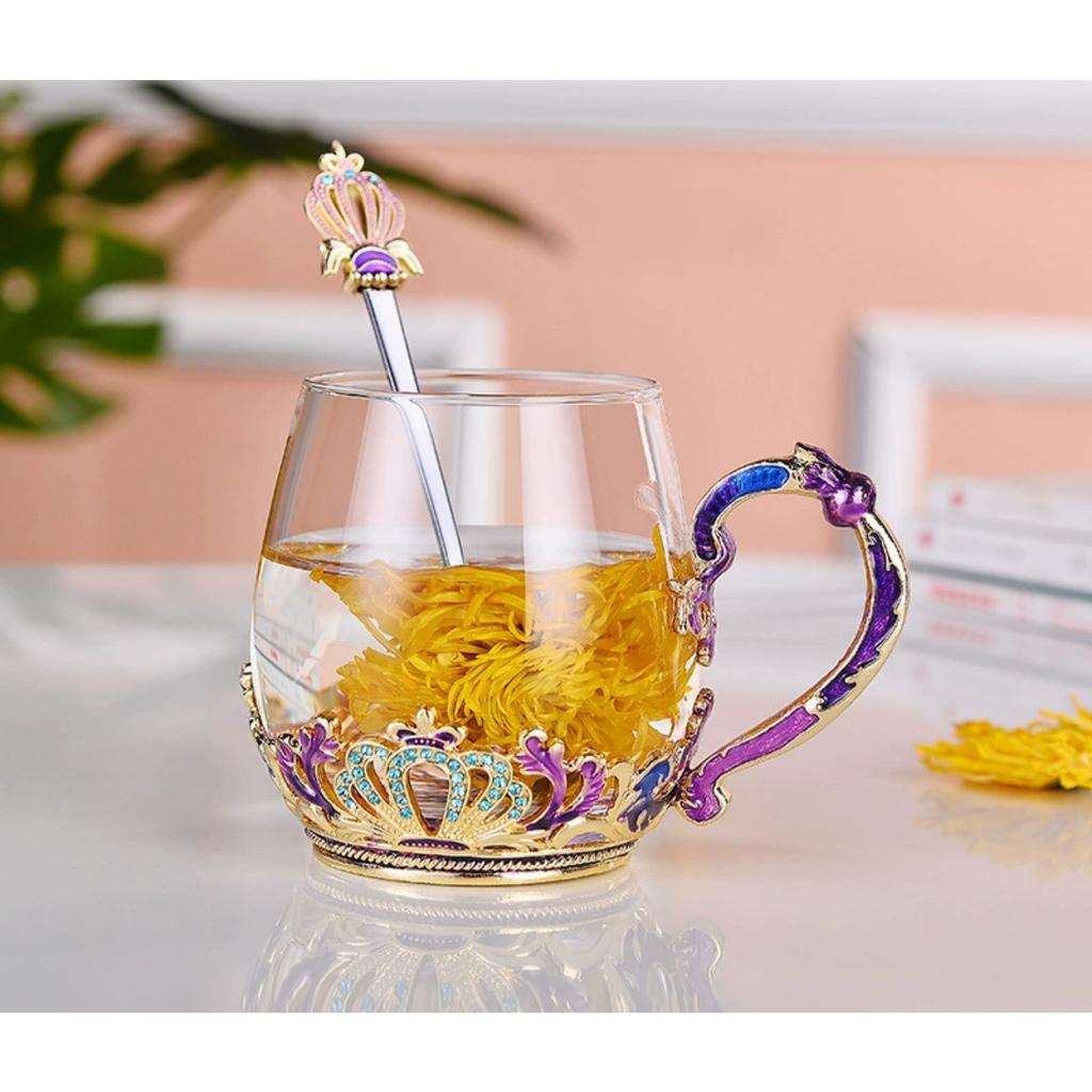 Handmade Enamel Butterfly Flower Glass Coffee Mugs Tea Cup with Spoon,Birthday Christmas Gifts for Her Women Mum Friends Teacher Valentines