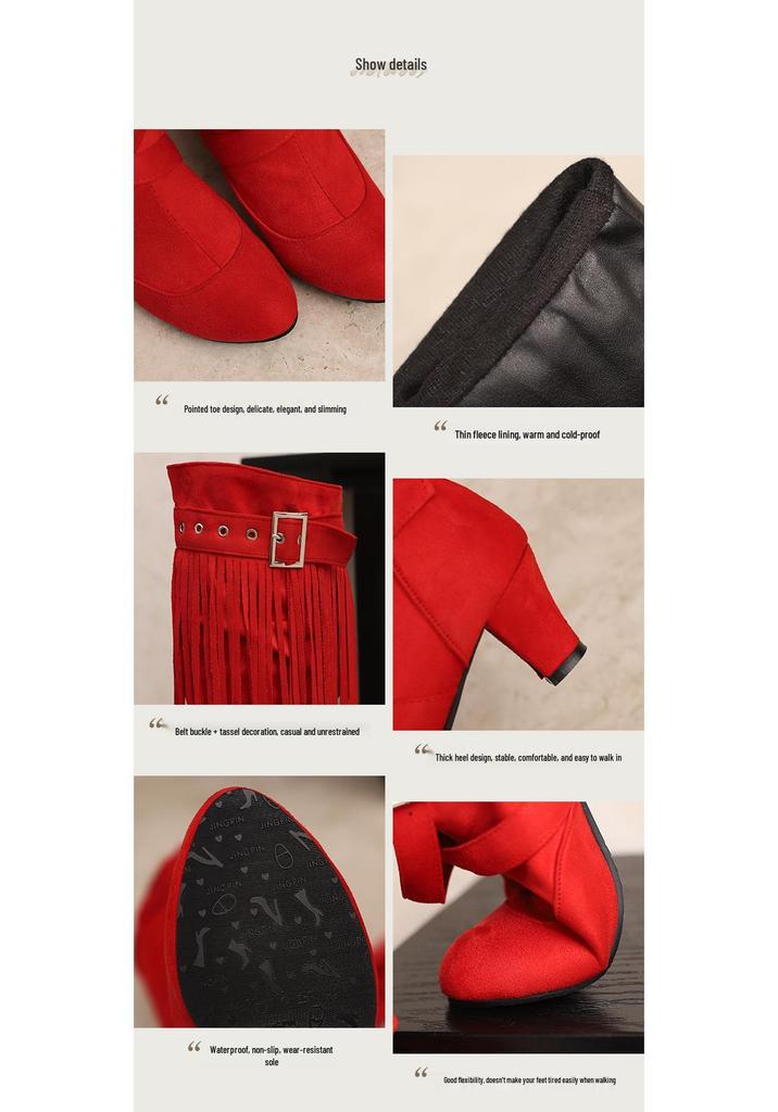 Women's High-Heel Suede Over-the-Knee Boots with Fringe, Pointed Toe, Large Size 45