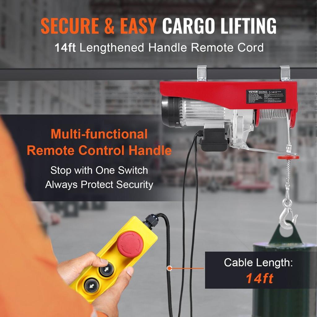 Electric Hoist Crane Winch 2640 lbs with 14 ft Wired Remote Control 230V