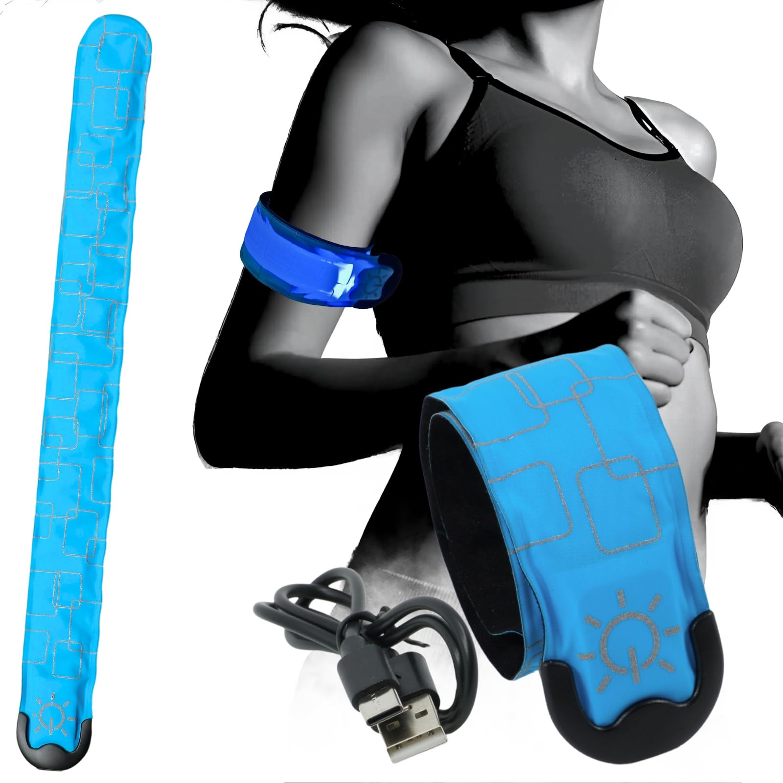 

UMikke Running Rechargeable LED Safety Slap Reflective Night Glow Reflector for Blue Light, Armband, Band, Band, Band, Jogging, Walking, синий