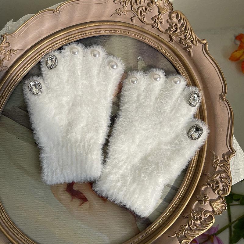 

Женские перчатки со стразами Новые зимние бархатные утепленные перчатки Студенческие перчатки для верховой езды из норки с пятью пальцами